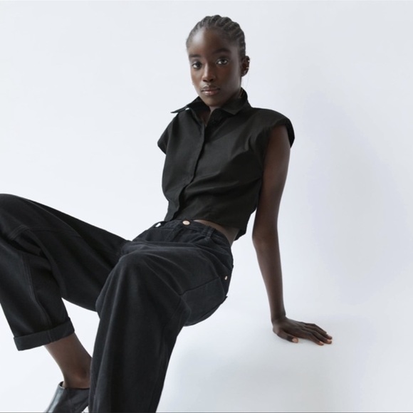 Zara women’s poplin shoulder pads shirt top Size L - Picture 2 of 9